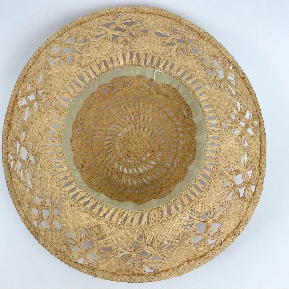 Vintage straw open weave sun hat with custom beaded band M/L beach resort wear - Picture 9 of 12